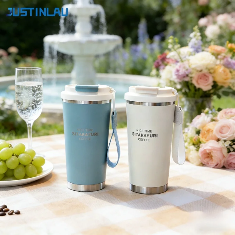JUSTINLAU 560ML Thermosbecher aus Edelstahl mit Strohhalm, Teesieb und Tragegurt für Zuhause/Outdoor/Reisen, Dual-Drink-Vakuumflasche Image