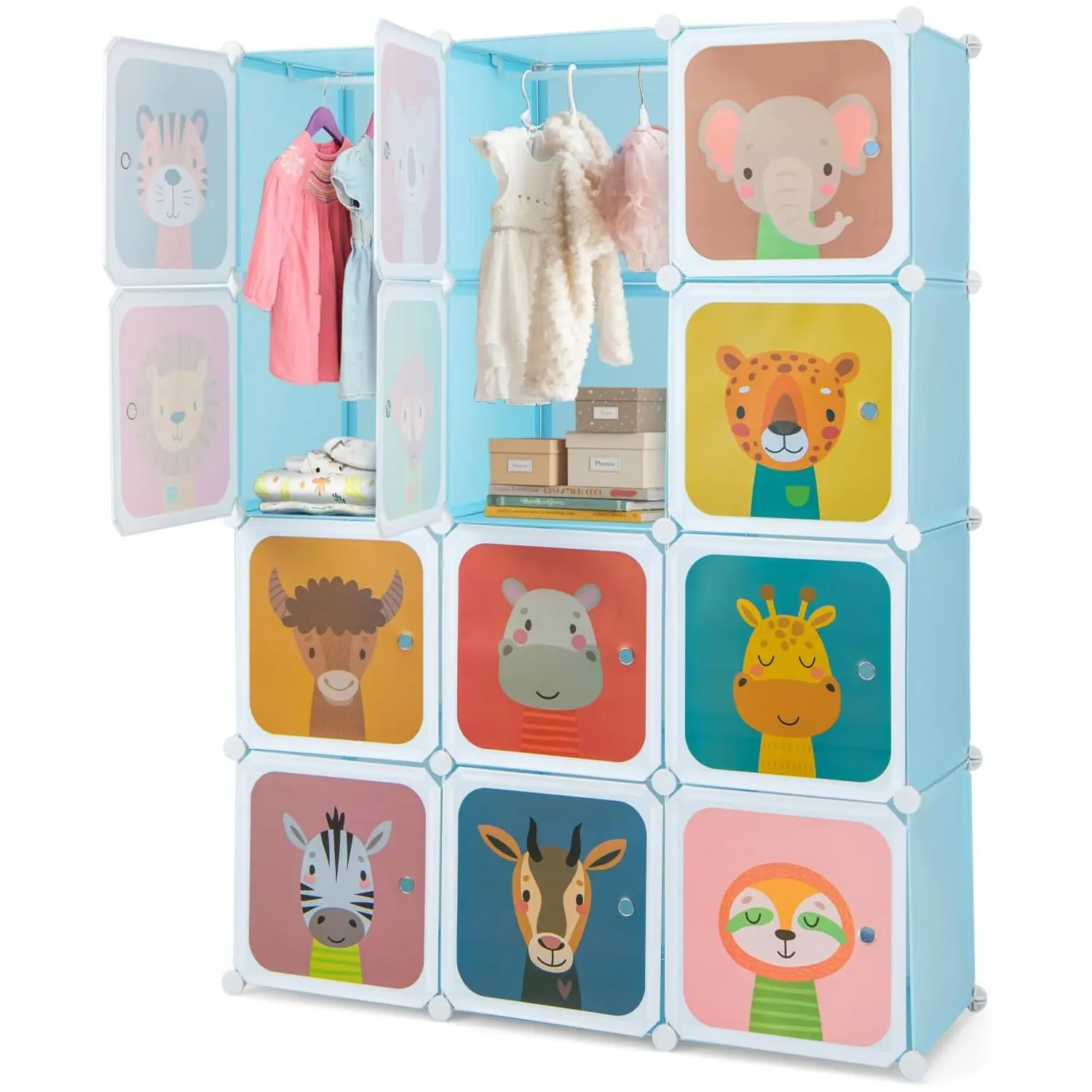 Kindergarderobe, Kunststoffregalsystem mit 12 Würfeln, erweiterbar mit Türen und 2 Kleiderbügeln, Lagerschrankregal
