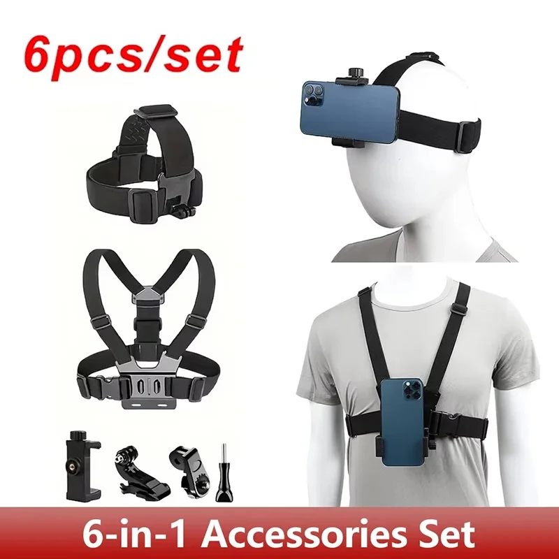 6-teiliges Action-Kamera-Zubehörset, Kamera-Kit mit Kopfband, Brustgurt, verstellbarem Halter und Handyhalterung für GoPro Insta360 Kameras Image