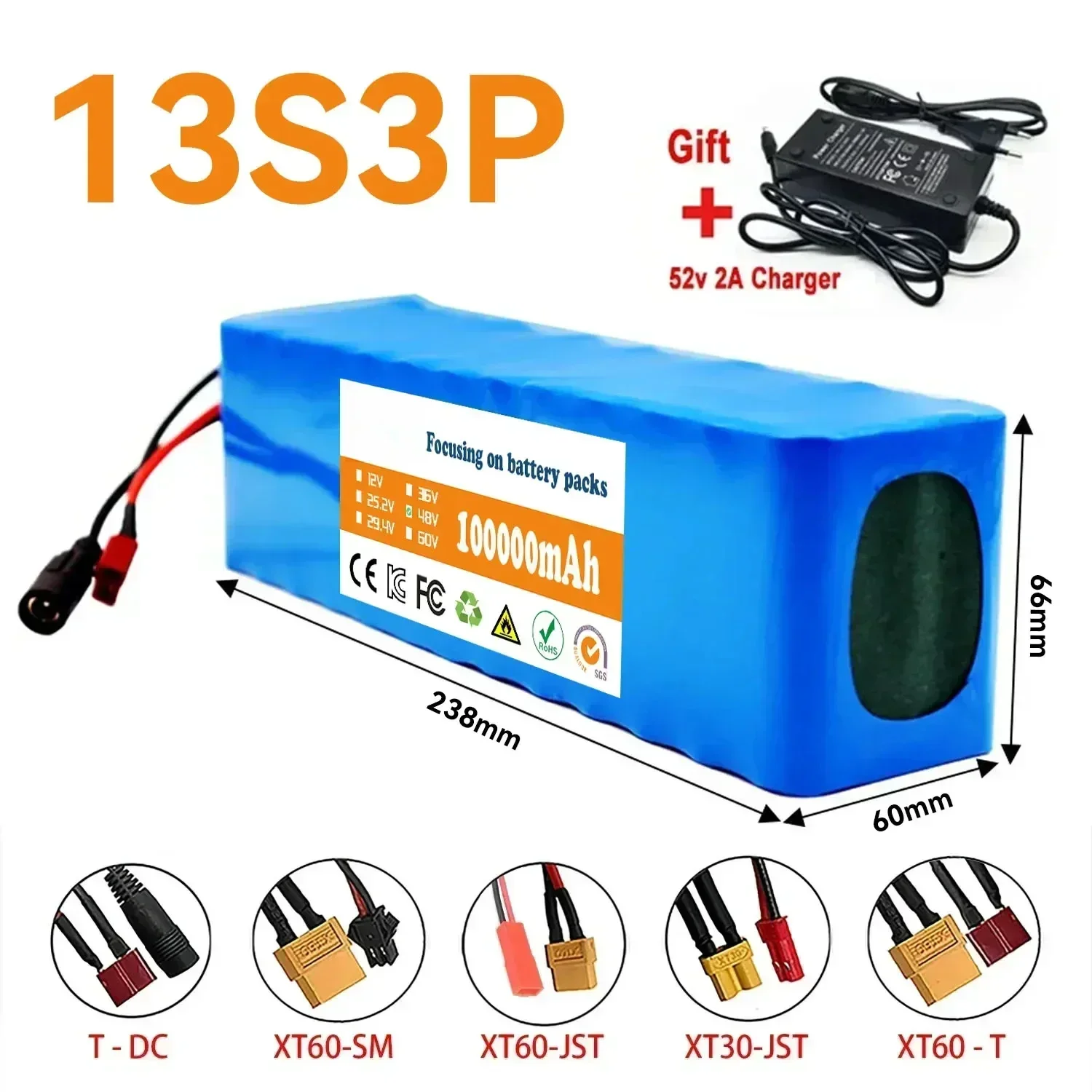 13S3P 48 V 100000 mAh 100 Ah 1000 W Lithium-Ionen-Akku mit BMS + 54,6 V Ladegerät Image