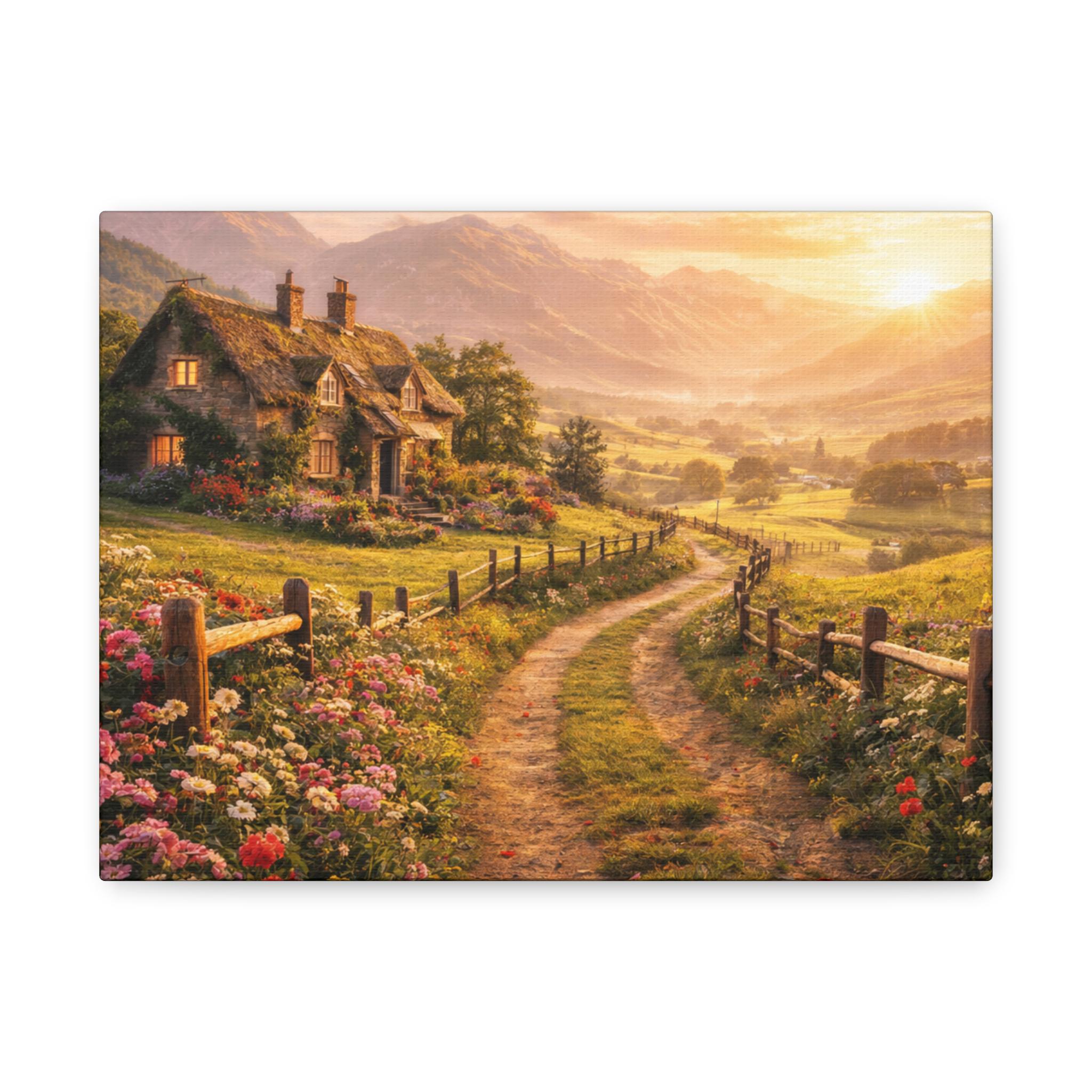 Quadro su tela con paesaggio rustico di un cottage in campagna e campo di fiori, decorazione in stile rustico.