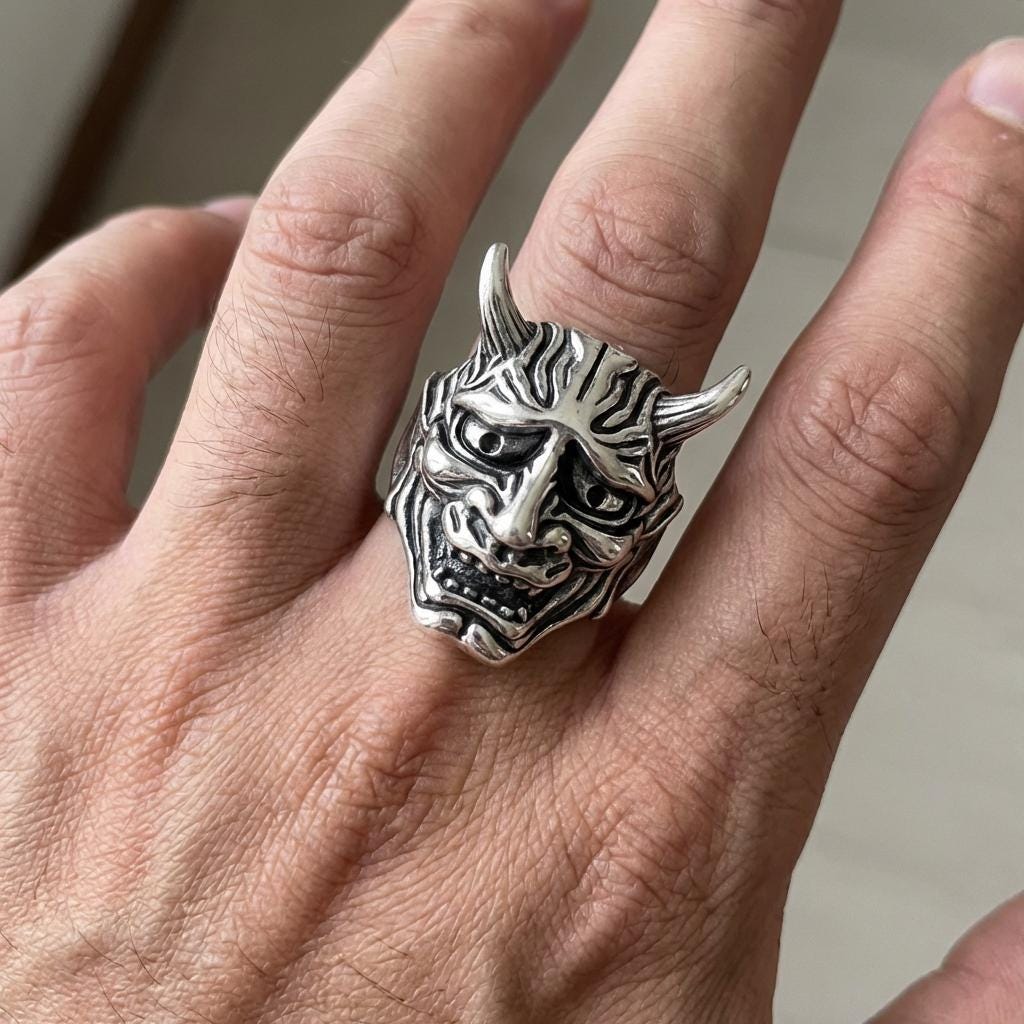 Anello con maschera da demone giapponese Oni - Anello in acciaio inossidabile Samurai Hannya, gioiello da motociclista punk gotico, regolabile da uomo