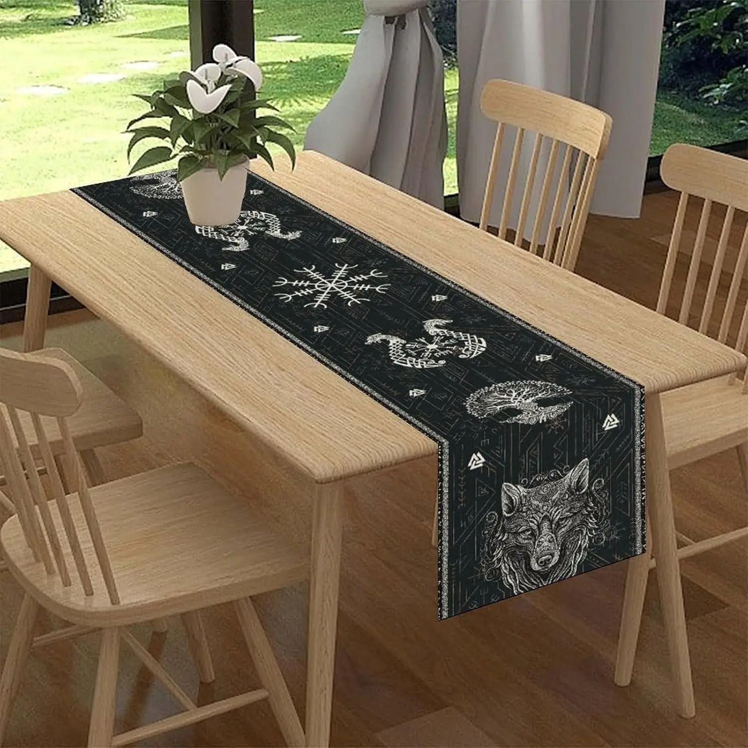 Norse Viking Raven Linen Table Runner Tree Of Life Mythology Table Decor b 150x33 Cm 59x13 In