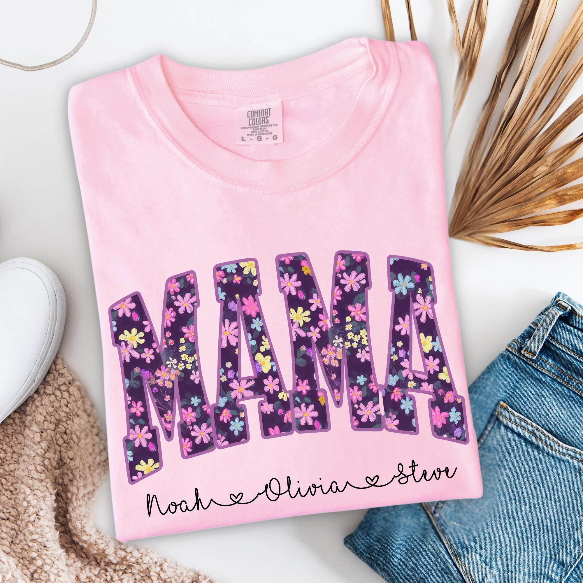 Personalized Mama Floral Print Shirt Custom Mom Name Graphic Tee Cute Everyday T Shirt brown l t Shirt