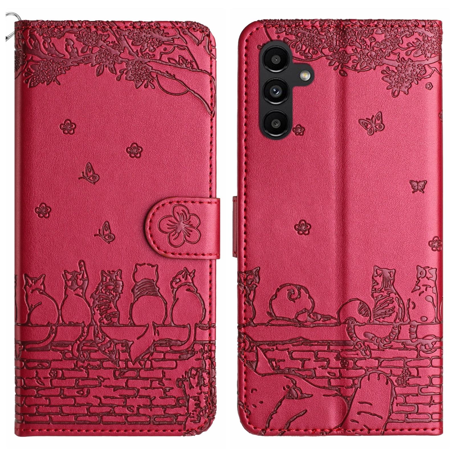 Cute Cat Embossed Wallet Phone Case For Samsung Galaxy With Card Holder And Lanyard For Samsung Galaxy A13 4G brown
