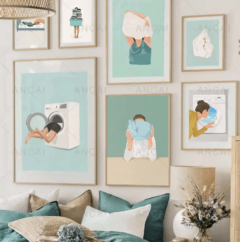 Nordic Laundry Girl Canvas Wall Art Minimalist Bathroom & Living Room Poster Decor i 60x80cm No Frame