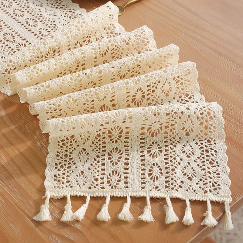 Boho Beige Macrame Table Runner | Vintage Farmhouse Crochet Decor For Dining & Coffee Tables c 24 X 180 Cm