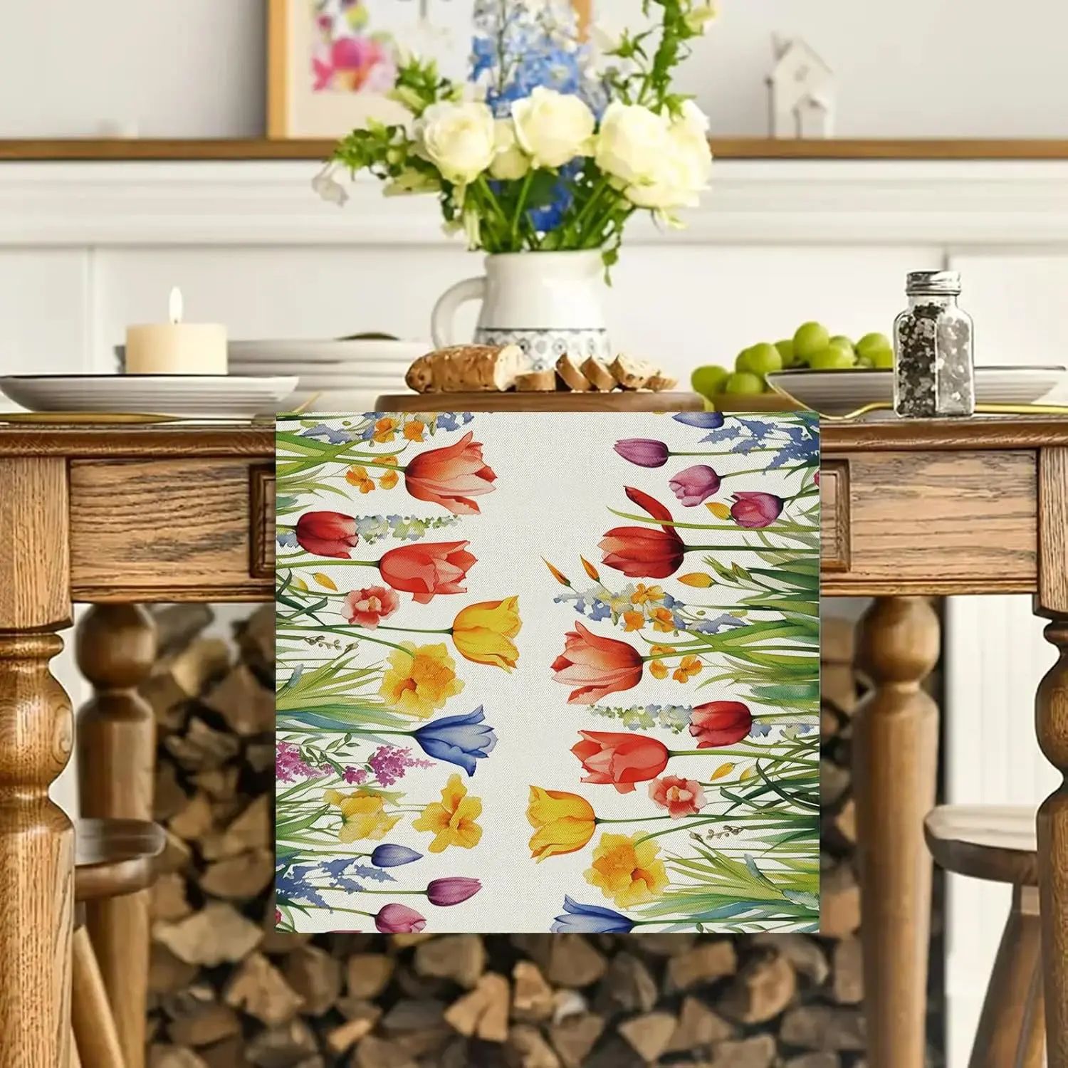 Spring Sunflower Daisy Linen Table Runner Colorful Floral Farmhouse Wedding & Party Table Decor 02 70.8 X 13 In