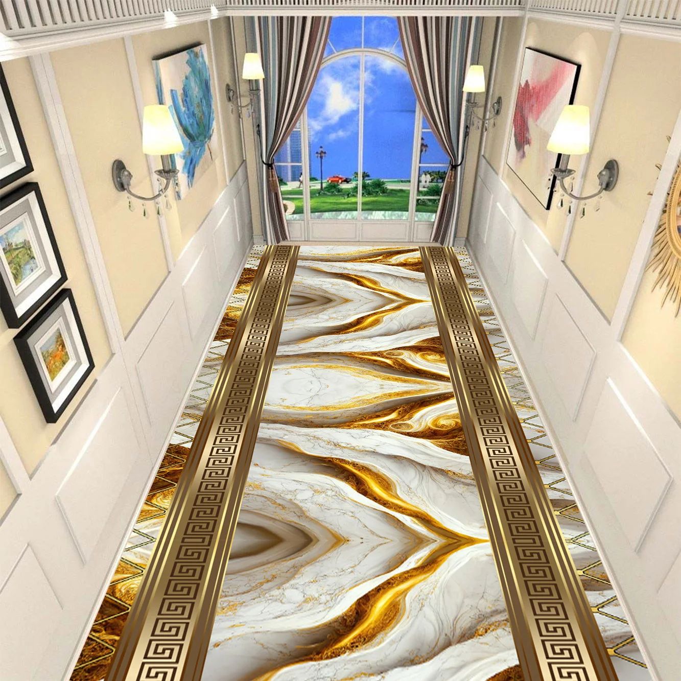 Golden Abstract Marble Runner Rug Non Slip Hallway Carpet Luxury 3D Print Washable Floor Mat lint free 6 35.4 157 In