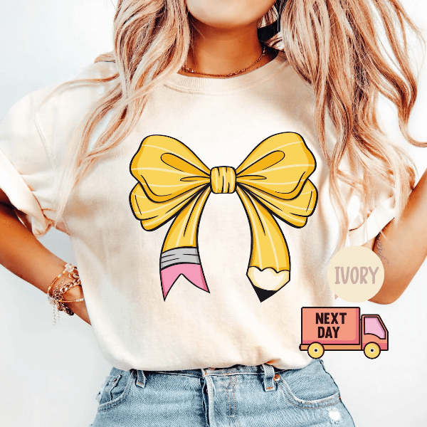Coquette Teacher Shirt Comfort Colors Cute Pencil Bow Back To School Teacher Tee navy m sweatshirt