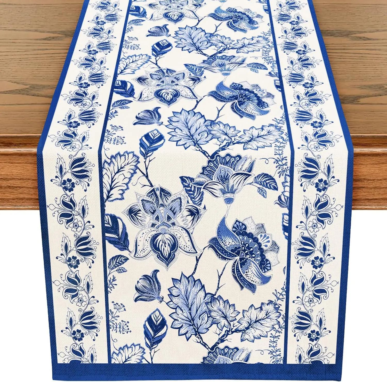 Blue Floral Linen Table Runner Elegant Farmhouse Table Decor For Summer Dining & Celebrations 150x33cm 59x13inch