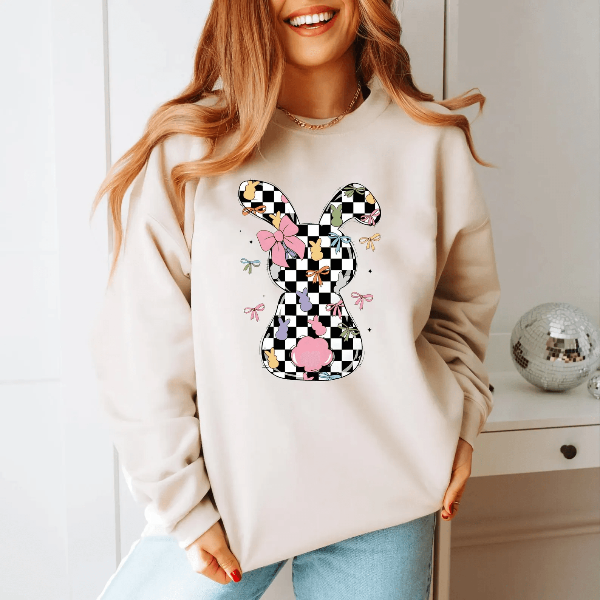 Checkered Easter Bunny Shirt Coquette Preppy Spring Comfort Colors Tee For Women & Teens red xl sweatshirt