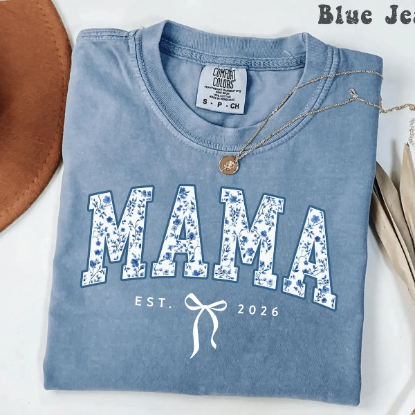 Personalized Mama Shirt Comfort Colors Blue Toile Floral Est Year Coquette Mom Tee Gift maroon xl sweatshirt
