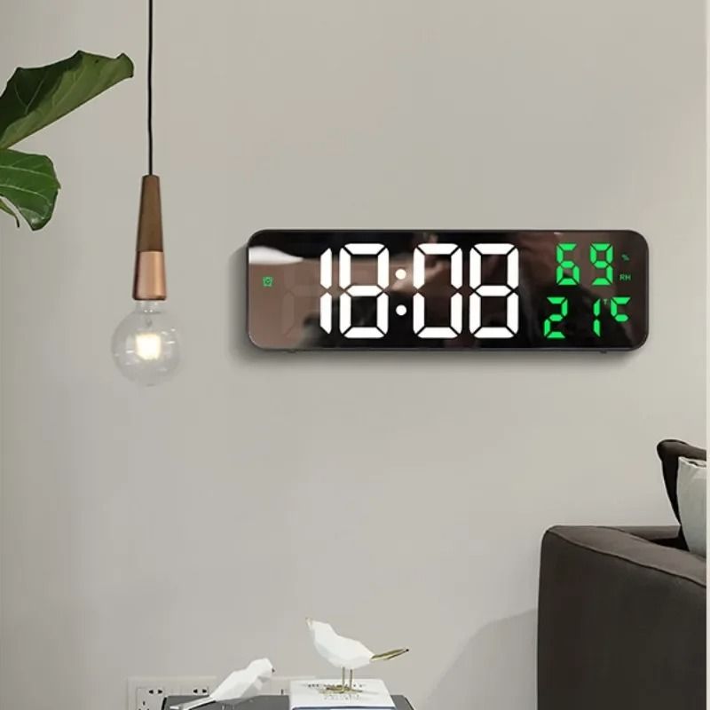 9 Inch Large Digital LED Wall Clock Modern Smart Display With Temperature, Humidity, & Night Mode Sensing mirror Blue Temp