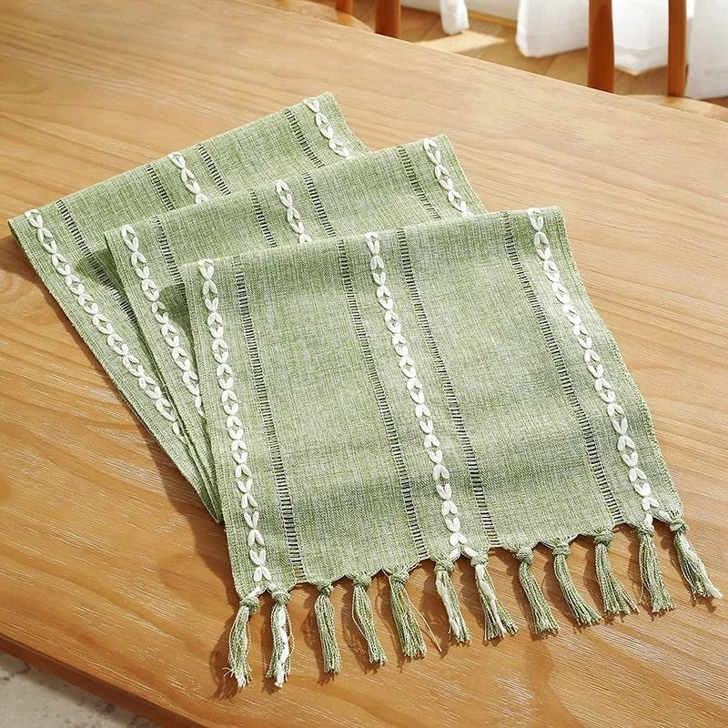 Green Boho Table Runner With Tassels Farmhouse Cotton Linen Dining Decor e 35x260 Cm one Piece