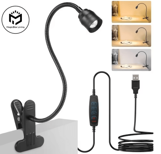 LED Reading Light USB Clip On Book Light With Flexible Gooseneck & Adjustable Brightness zoomable Light