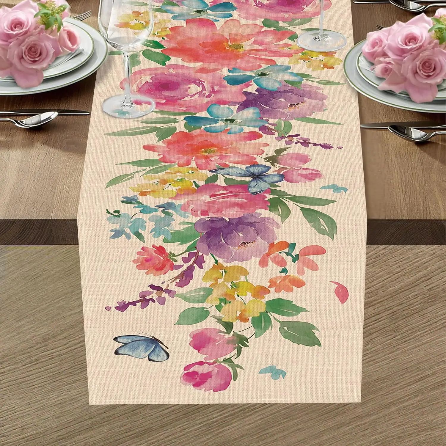 Floral Linen Table Runner Spring Watercolor Butterfly Table Runner For Dining, Wedding & Party Decor style A 108 X 13 In