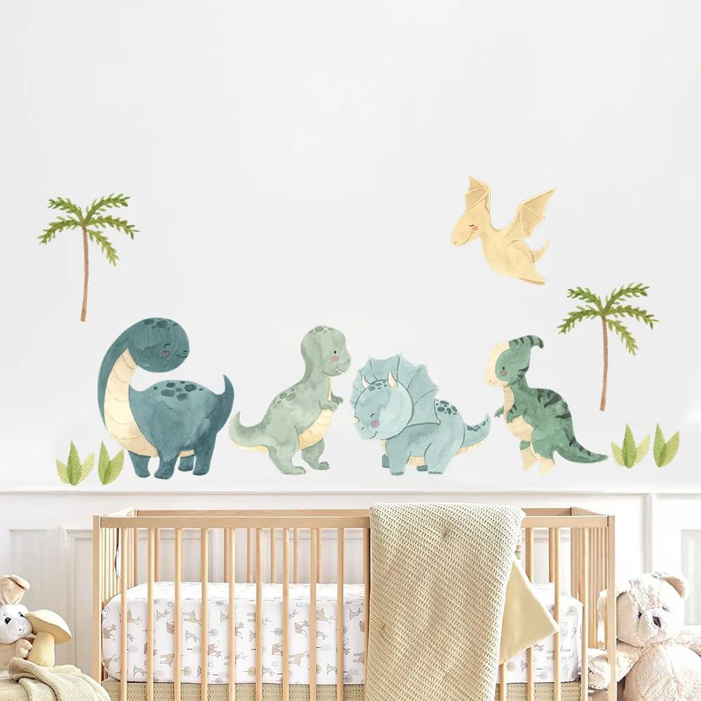 Watercolor Dinosaur Wall Stickers Jungle Adventure Nursery Wall Decor 33.46 In Wide X 16.14 In High