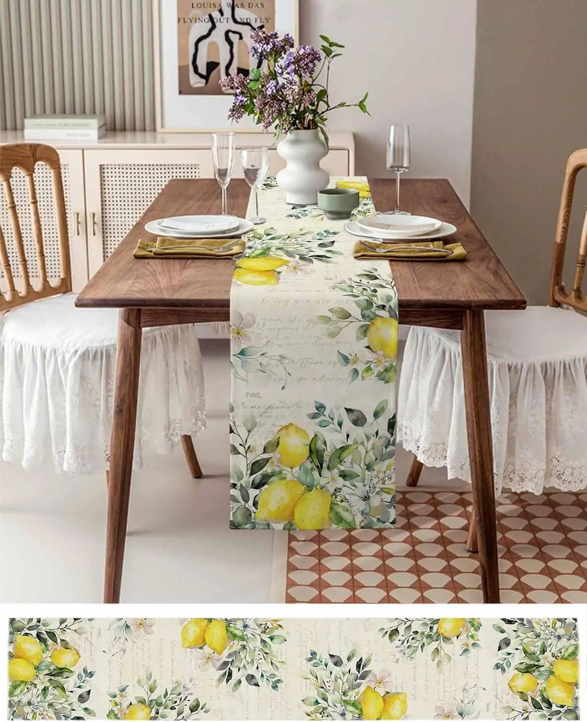 Green Eucalyptus Lemon Linen Table Runner Seasonal Floral Table Runner For Dining & Holiday Decor 150x33cm 59x13inch