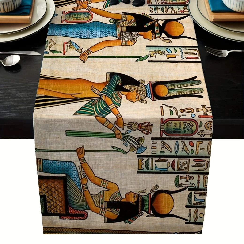 Ancient Egyptian Linen Table Runner Boho Farmhouse Dining Decor 200x33cm 78.7x13in