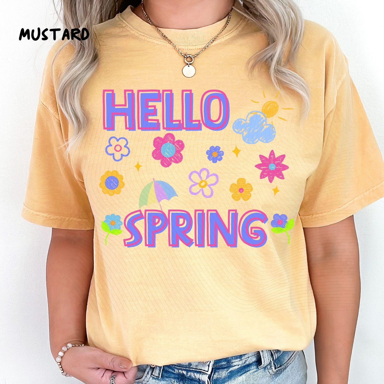 Hello Spring Shirt Colorful Floral Spring Graphic Tee Cute Spring Outfit Gift mustard l t Shirt