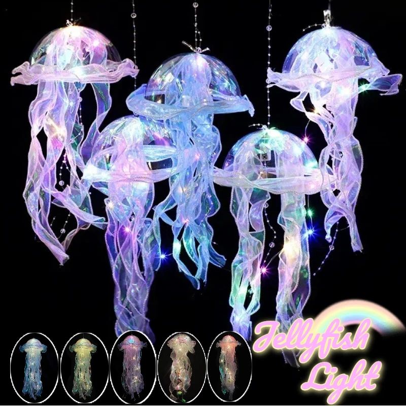 Colorful Jellyfish LED Pendant Light Gradient Hanging Night Lamp For Indoor, Garden & Festival Decor pink 1 Pc