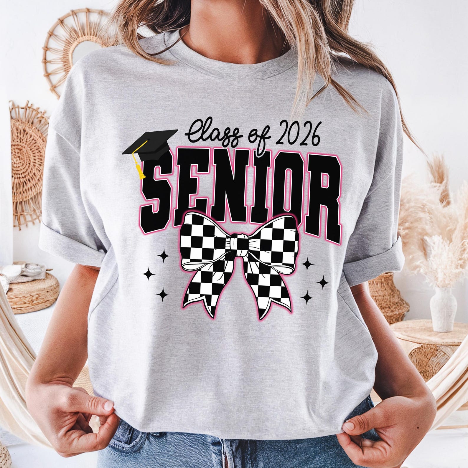 Class Of 2026 Senior Shirt Checkered Bow Graphic Tee Trendy Graduation T Shirt Casual Womens Top purple l sweatshirt