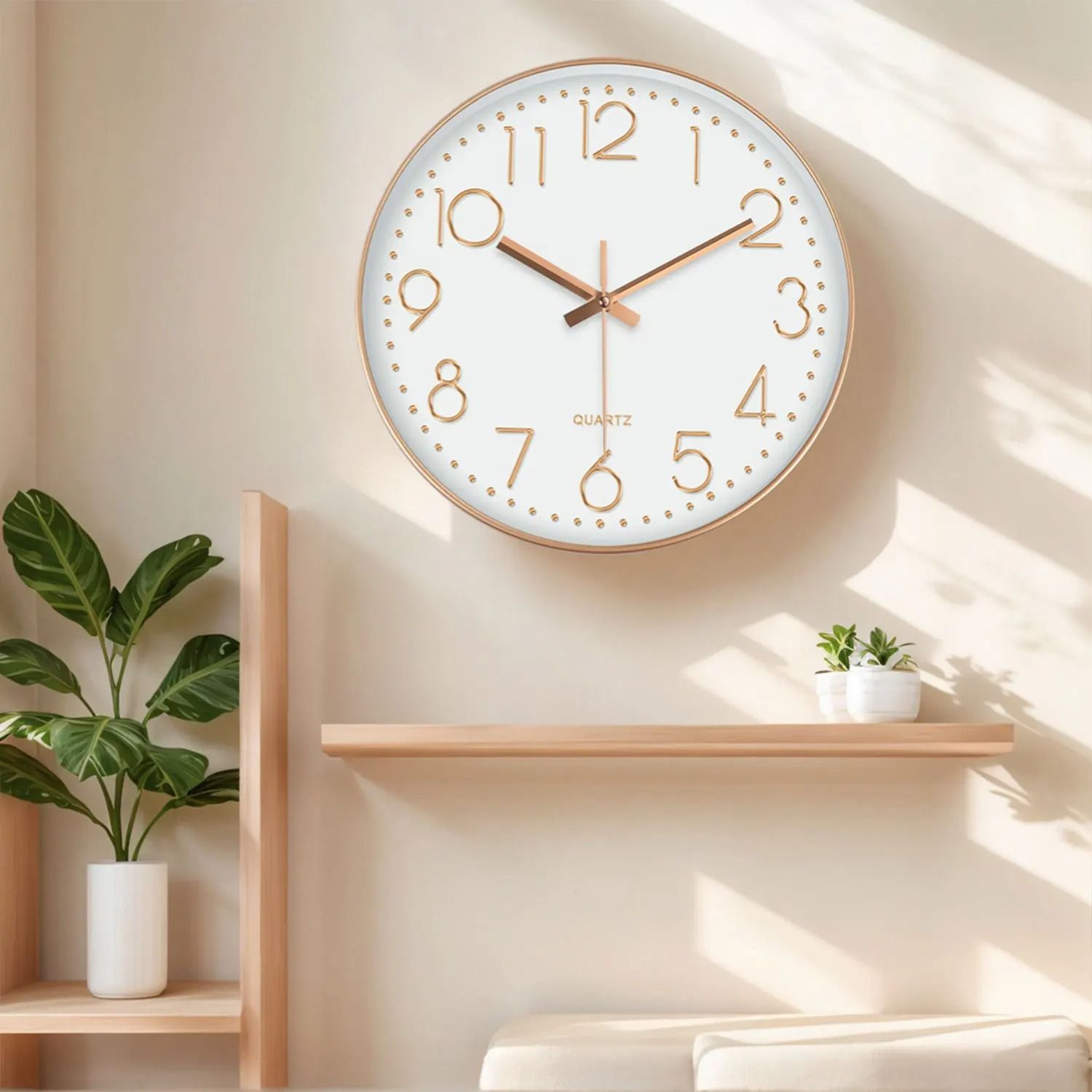 Minimalist Silent Quartz Wall Clock Modern 3D Number Wall Decor white Golden 12 In