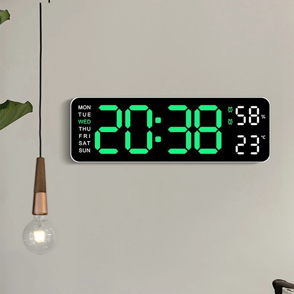 9 Inch Large Digital Wall Clock With Temperature, Humidity & Auto Dimming Alarm Display blue