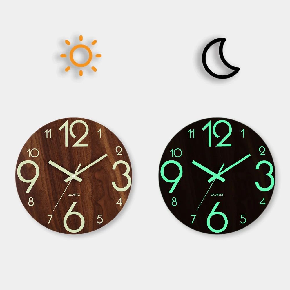 Luminous Wooden Wall Clock Silent Non Ticking Glow in the Dark Nordic Modern Wall Decor Clock yg003 4 In