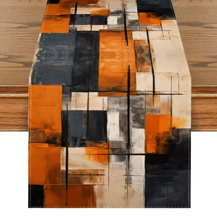 Abstract Watercolor Linen Table Runner Orange Black Modern Table Decor Accent 01 180x33cm 70.8x13inch