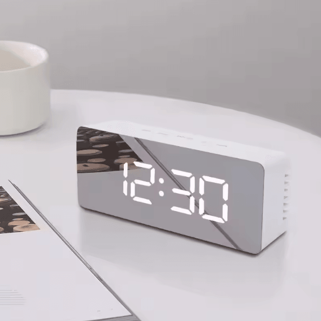 LED Mirror Digital Alarm Clock Modern USB Desk Clock With Snooze & Night Light Display white