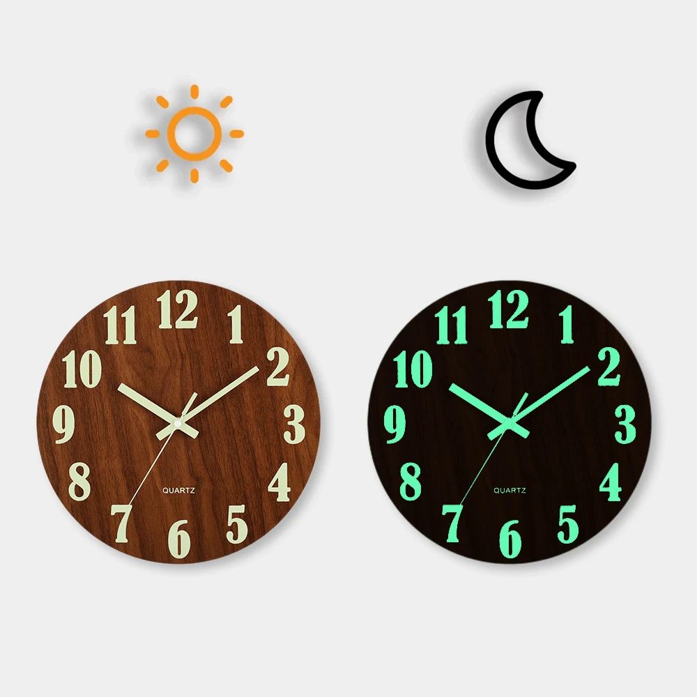 12 Inch Luminous Wooden Wall Clock Silent Nordic Night Light Decor elegant Slim 4 Inch