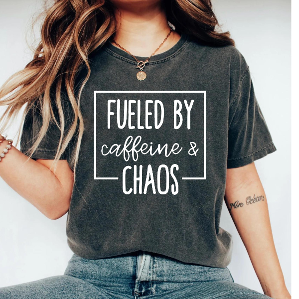 Fueled By Caffeine And Chaos Shirt, Mom Shirt, Funny Mom Shirt, Mom Shirts, Coffee Shirt, Mama Shirt, Mothers Day Shirt, mustard 2xl t Shirt