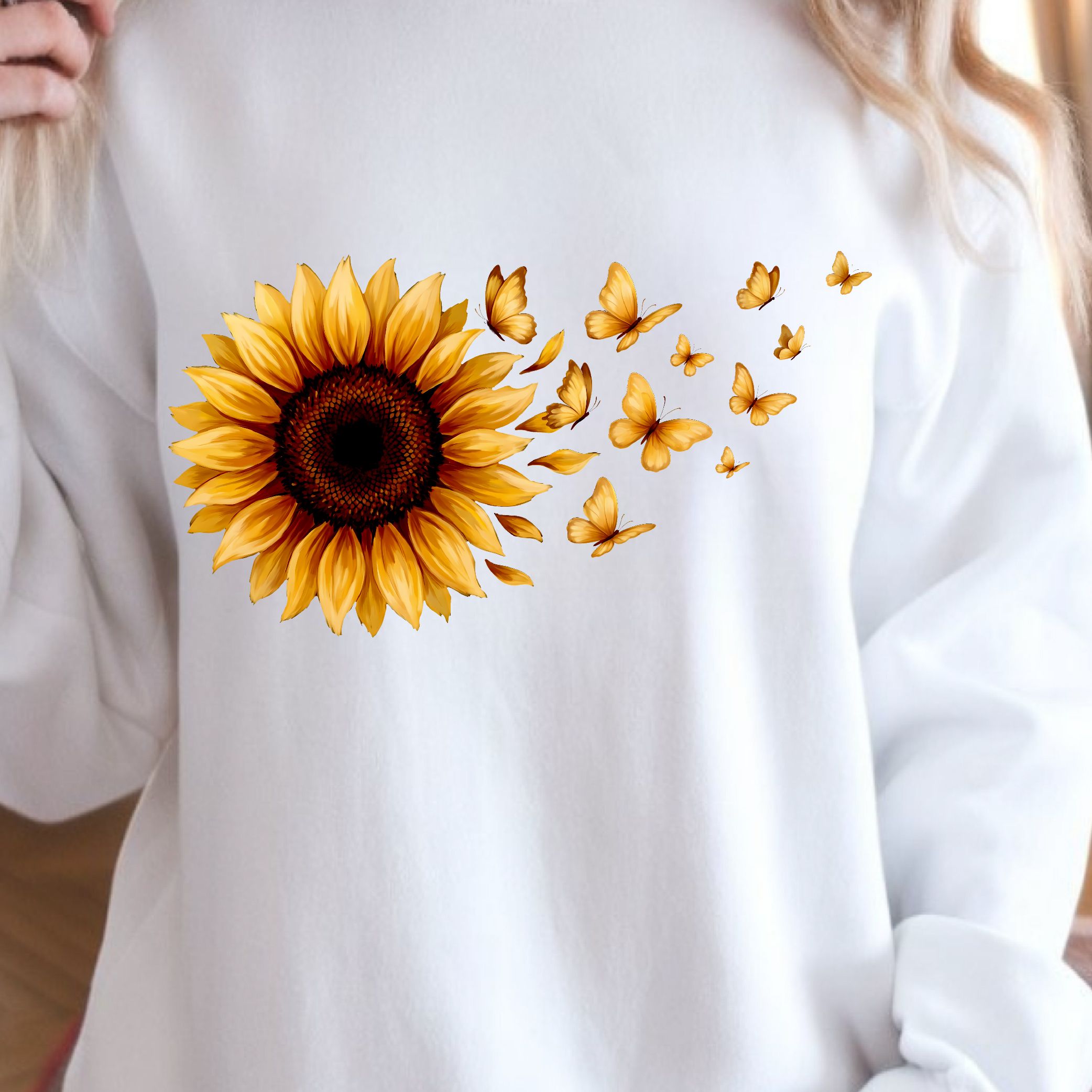 Sunflower Butterfly Shirt, Floral Butterfly T Shirt, Nature Lover Tee navy Blue xl sweatshirt