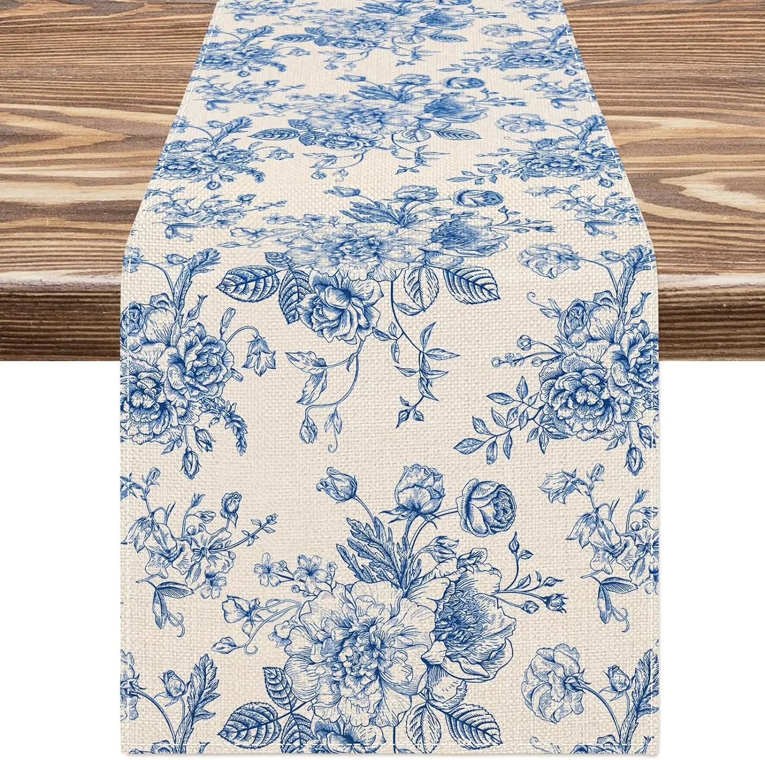 Elegant Chinoiserie Blue Floral Linen Table Runner For Dining & Home Decor 150x33cm 59x13inch 3