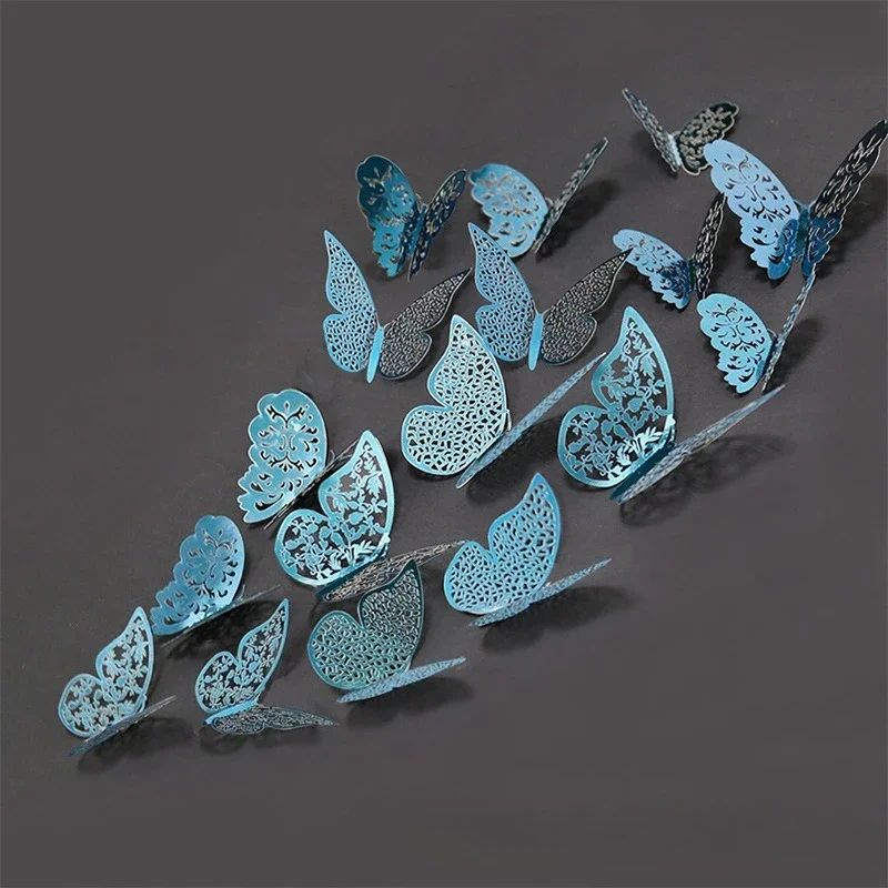 3D Mirror Butterfly Wall Stickers Hollow Gold, Silver & Blue DIY Room Decor 12 Pcs Purple A