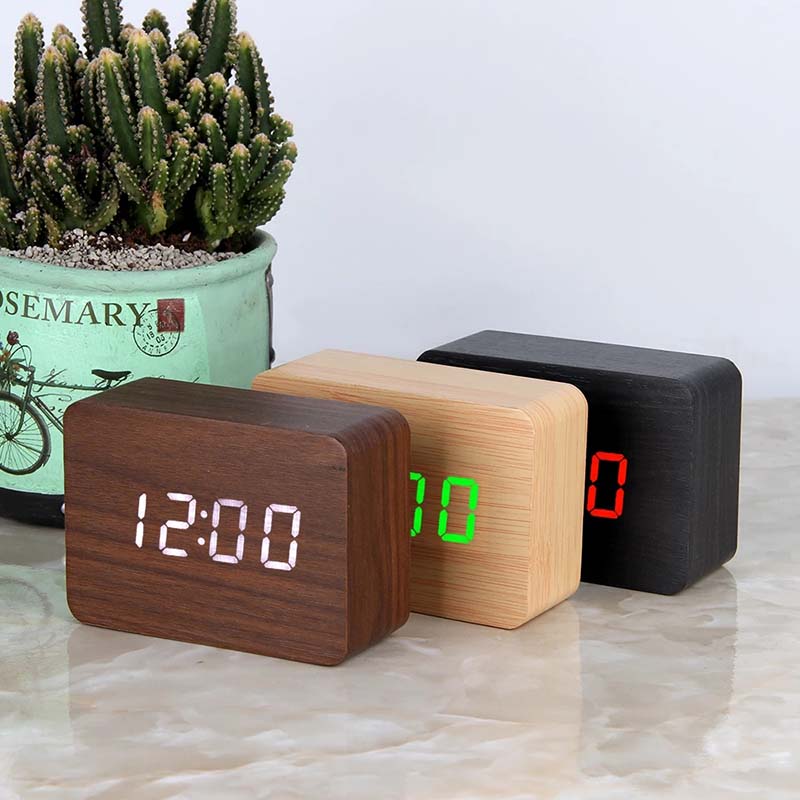 Smart LED Wooden Alarm Clock With Voice Control And Dual Power Display brown