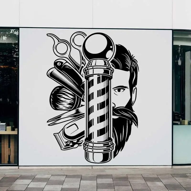 Vintage Barber Shop Wall Decal | Professional Hair Salon Vinyl Art | Scissors & Comb Retro Window Decoration 12 Light Blue 56 X 80 Cm