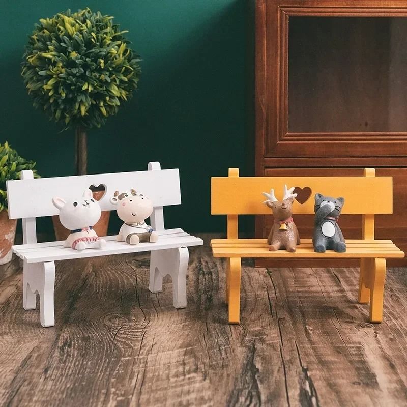 Artisanal Miniature Garden Bench Handcrafted Wood Dollhouse Furniture For Micro Landscapes And Fairy Gardens white