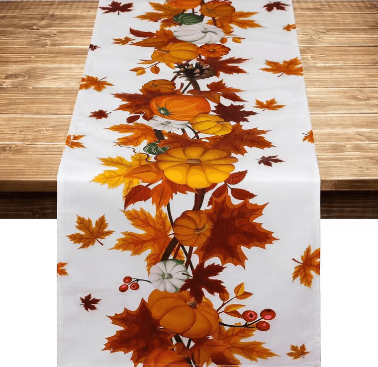 Autumn Harvest Pumpkin Linen Table Runner Festive Thanksgiving Table Runner With Maple Leaves & Farmhouse Charm beige 275x33cm 108x13inch