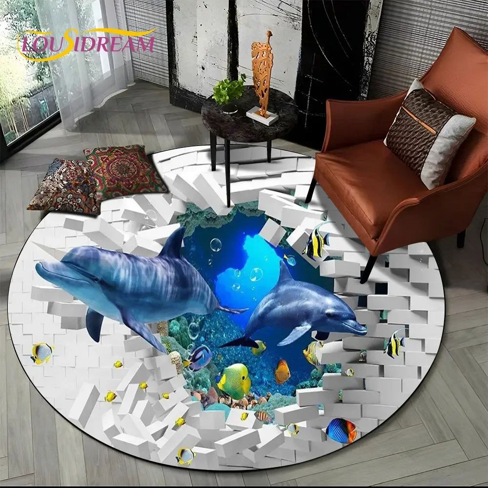 3D Underwater Dolphin Round Area Rug Ocean Illusion Non Slip Carpet For Living Room Bedroom Decor 17 47 In