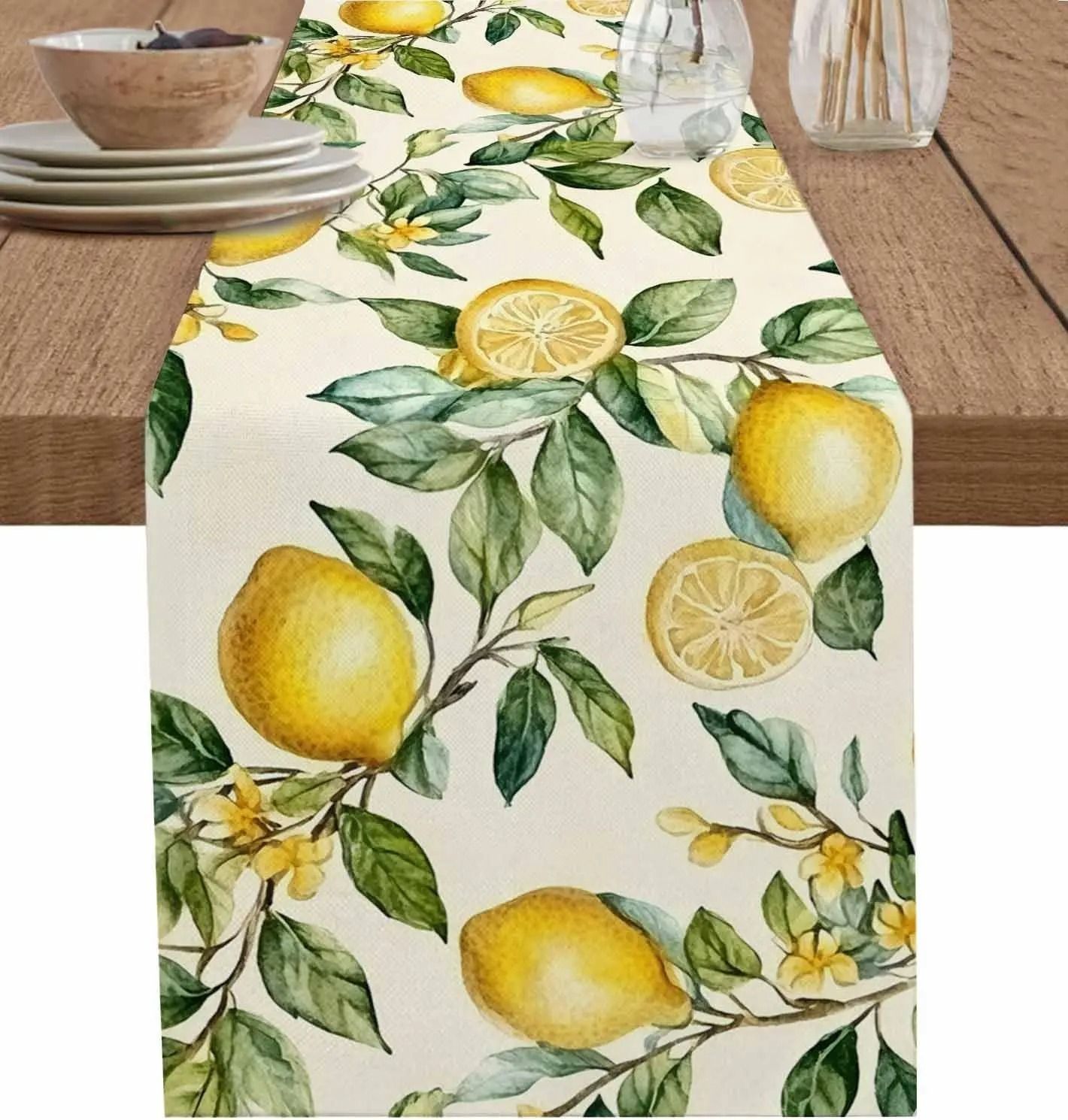 Watercolor Lemon Linen Table Runner | Summer Green Leaf Kitchen Decor & Dresser Scarf 275 X 33 Cm 108 X 13 In