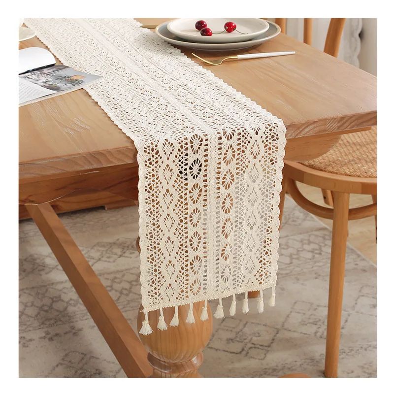 Boho Beige Macrame Table Runner Vintage Farmhouse Crochet Bohemian Dining & Wedding Decor a 9.45 70.9 In