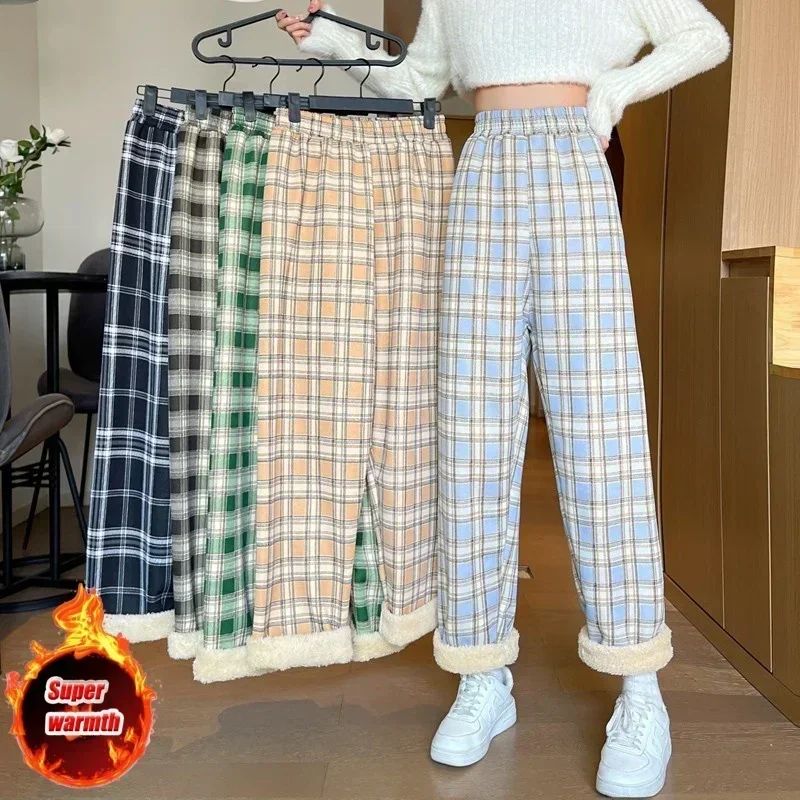 Women's Plush Wide Leg Plaid Pants Warm Cashmere Style Loose Winter Trousers red