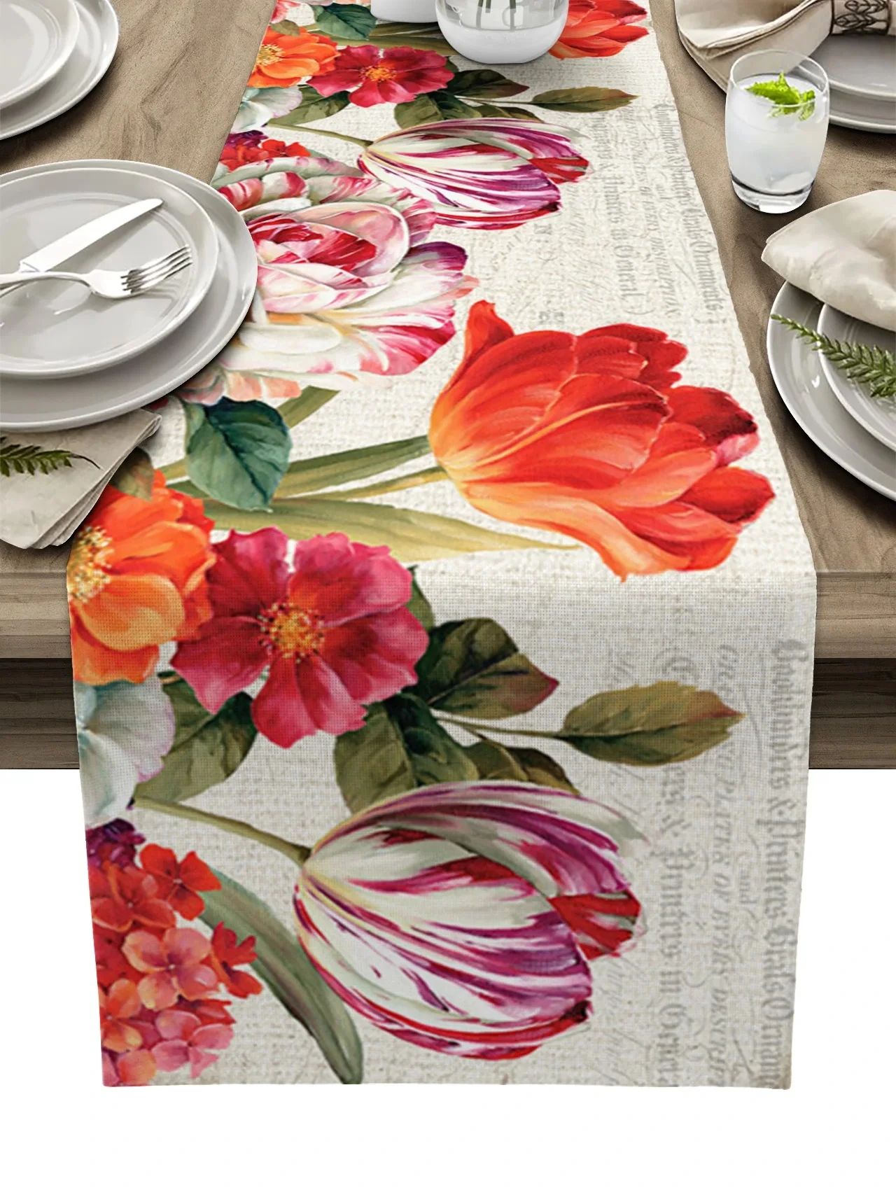 Vintage Tulip Floral Linen Table Runner Farmhouse Decor a 200x33cm 78.7x13inch