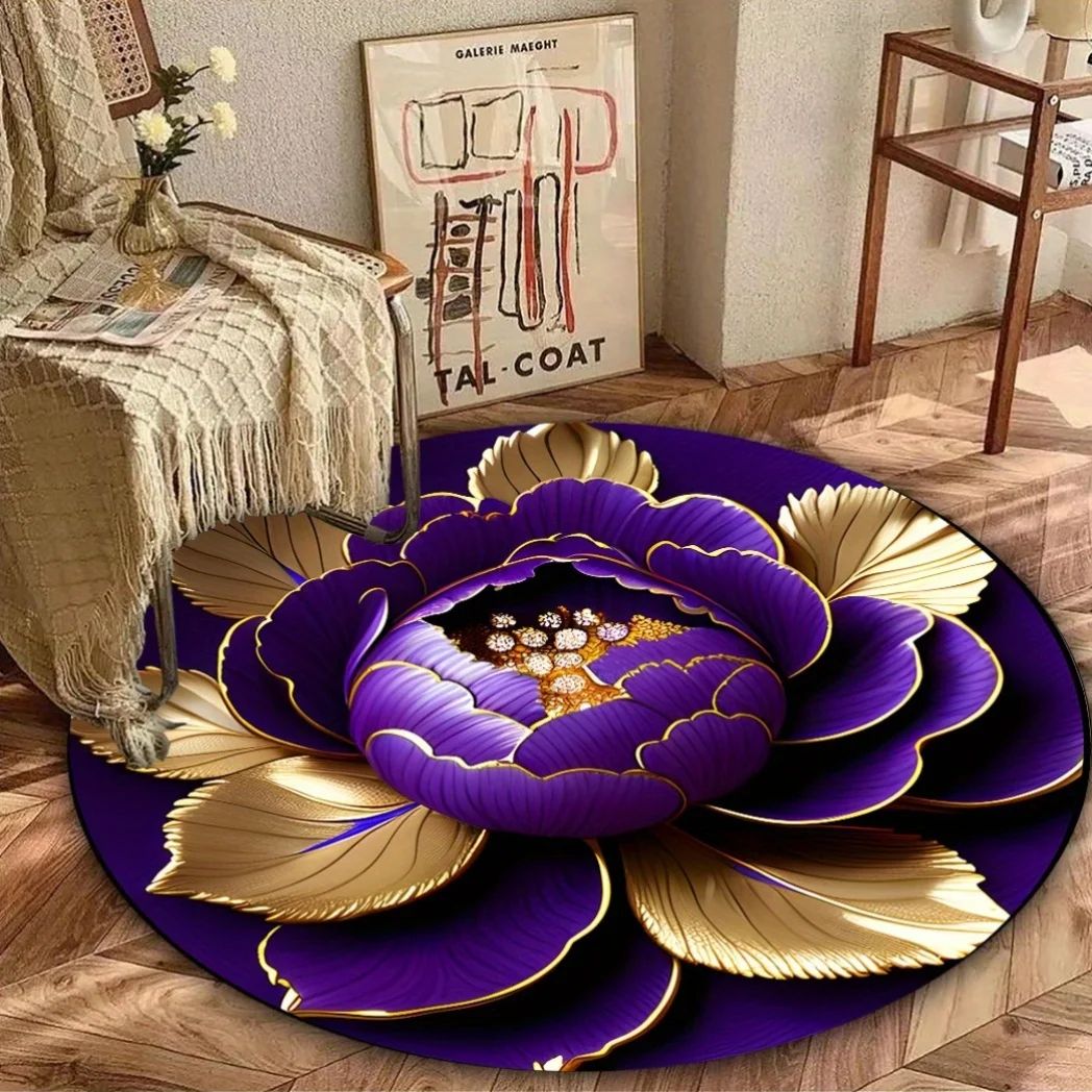 Purple Gold Peony Washable Round Rug Elegant Floral Area Rug For Living Room & Bedroom diameter 120cm