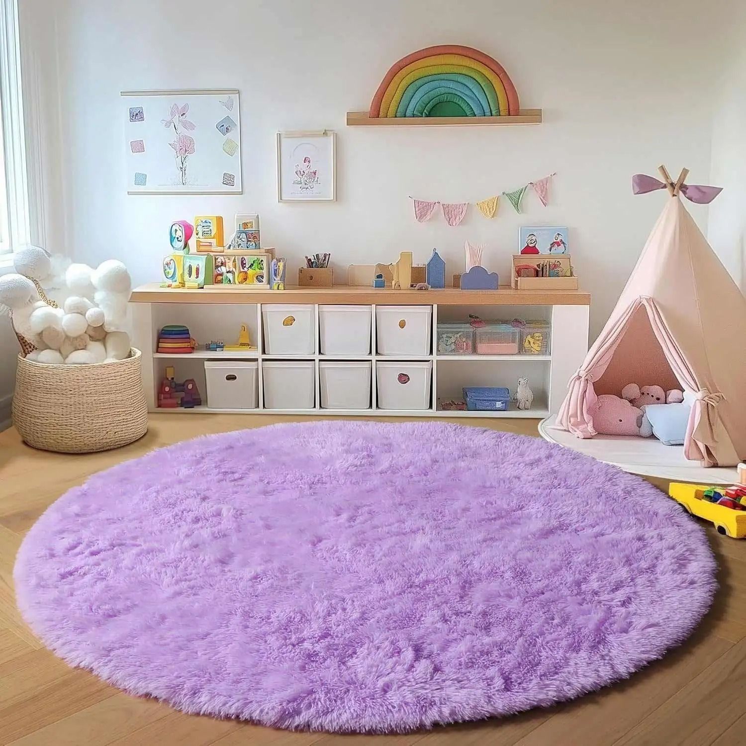 Round Fluffy Kids Plush Rug Soft Nursery Floor Carpet Baby Play Mat white Pink 140 Cm