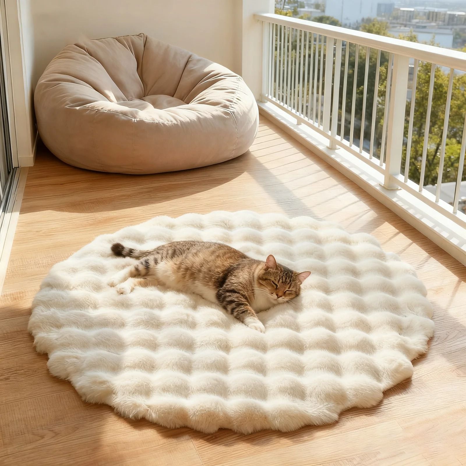Fluffy Round Rug Faux Fur Carpet Soft Plush Kids Play Mat white 80x80 Cm