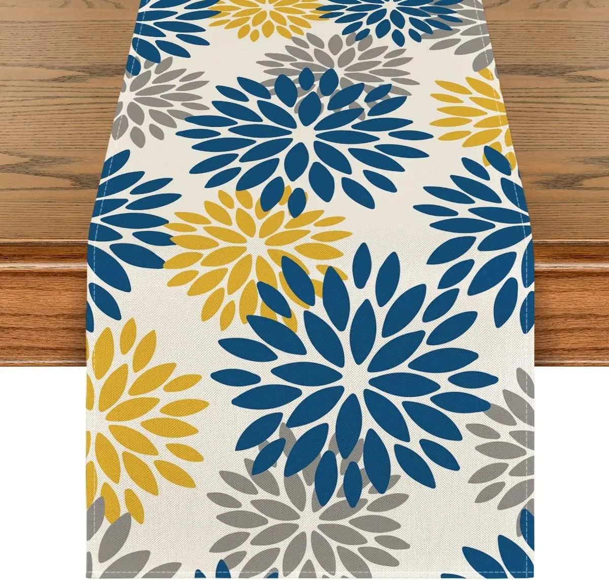 Blue Dahlia Floral Summer Table Runner | Seasonal Spring Linen Dresser Scarf 200 X 33 Cm 78.7 X 13 In 4